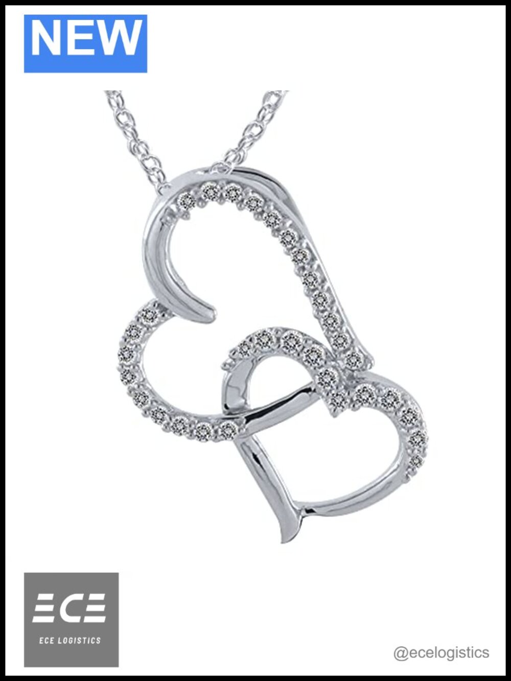 925 Sterling Silver Diamond Double Heart Pendant Necklace 18" Chain